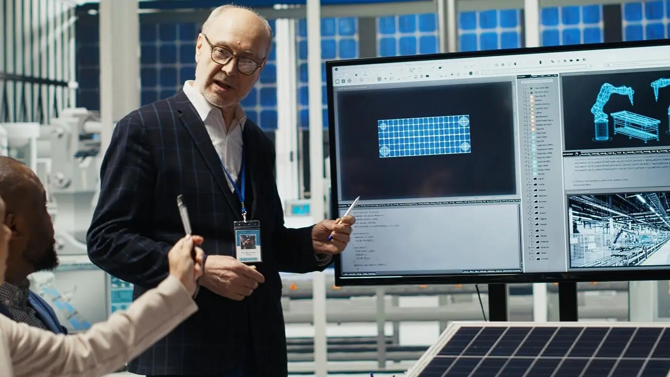 Руководители и инвесторы на фотовольтаическом предприятии анализируют рыночные тенденции.