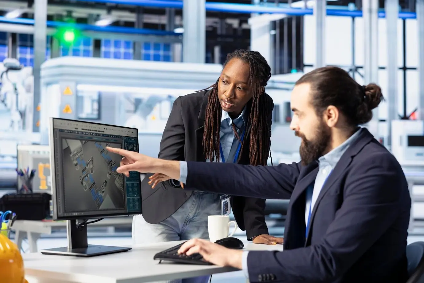 Менеджер фотогальванического завода и стажёр проводят тестирование производительности солнечных панелей.